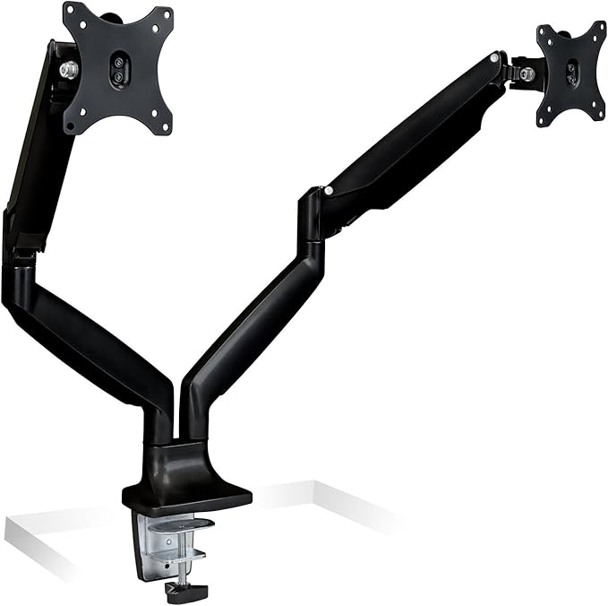 Mount-It! Dual Monitor Arm Mount | Desk Stand | Two Articulating Gas Spring Height Adjustable Arms | Fits 2 x 24 27 29 30 32 Inch VESA 75 100 Compatible Screens | C-Clamp and Grommet Bases (Black)