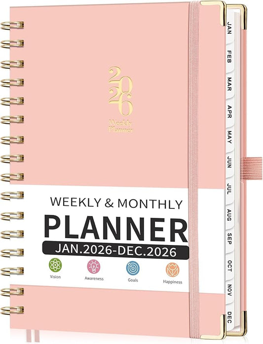 2026 Planner, Weekly and Monthly, A5 Size (5.7" x 8.3"), Jan 2026 - Dec 2026, Calendar, To-do List, Agenda, 12-Month Tabs, Hardcover, 100 GSM Thick Paper, Spiral-bound (Pink)