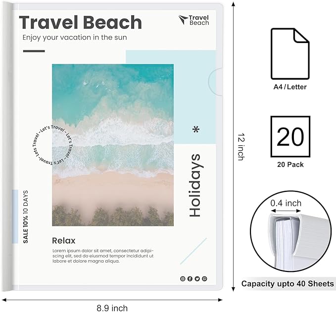 JOERSH 20Pcs Clear Report Covers with Sliding Bar, 40 Sheet Capacity Plastic Binder Paper Protector, Report Folders with Clear Cover for Resume File Documents, 5 Colors