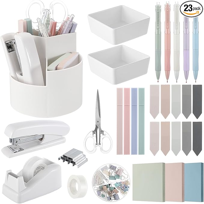 Kosiz 27 Pcs Black White Desk Accessories Aesthetic Desk Organizer Neutral Office Supplies Pen Holder Stapler Binder Sticky Notes Paper Clips Scissor Staples Aesthetic Accessories for Women(Fashion)