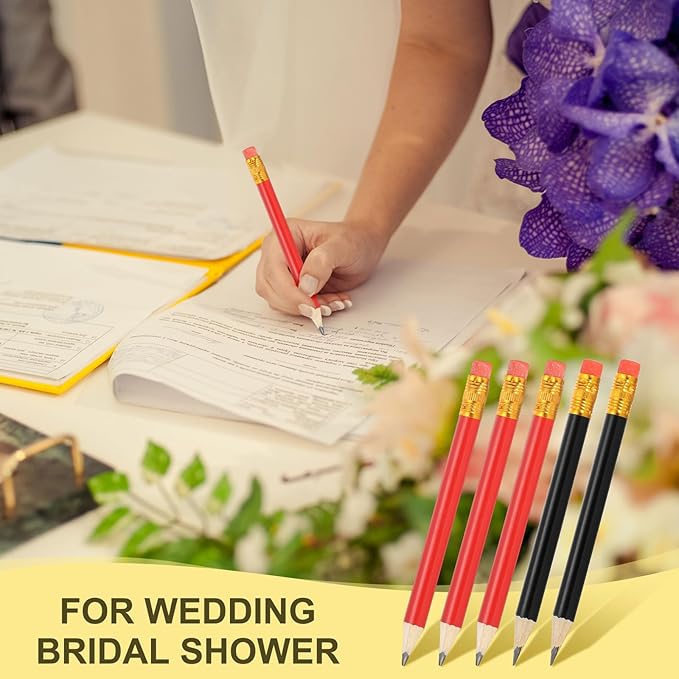 MECCANIXITY Golf Pencils with Erasers, 4" HB Mini Half Pencils Pre Sharpened Small Pens for Wedding Bridal Shower Game Office Writing Drawing(Red/Black, Pack of 50)