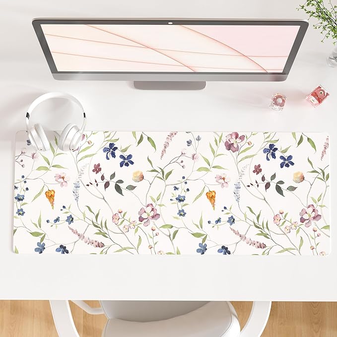 QIYI Floral Mouse Pad, Large Desk Mat for Desktop, Women Girls Watercolor Flowers Office Décor Desk Accessories, PU Leather Waterproof Gaming Mousepad, Wildflowers Desk Pad Computer Mat, 31.5" x 11.8"