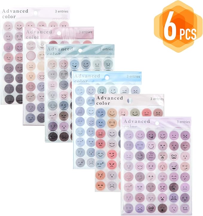 Lovely Face Circle Stickers -6 Pack (18 Sheet) Colorful Circles Stickers Pack - Translucent Color Coding Dots Labels - Assorted Color Code Sticker, for Customizing Planners to Do List Calendar