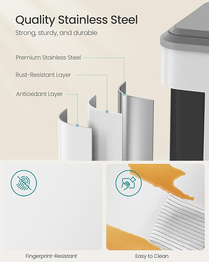 SONGMICS Trash Can, 2 x 8 Gallon (2 x 30 L) Double Garabge Can for Recycling and Waste, Stainless Steel, Soft-Close Lid, Inner Buckets, Wide Sturdy Pedal, Cloud White ULTB556W01