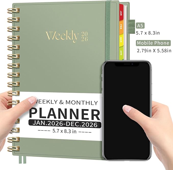 EMSHOI 2026 Planner - Weekly and Monthly Calendar (Jan-Dec), A5 (5.7"x8.3") Hardcover, 100GSM Thick Paper, PVC Cover, Inner Pocket, Colorful Tabs, Note Pages for Work School Home, Light Green