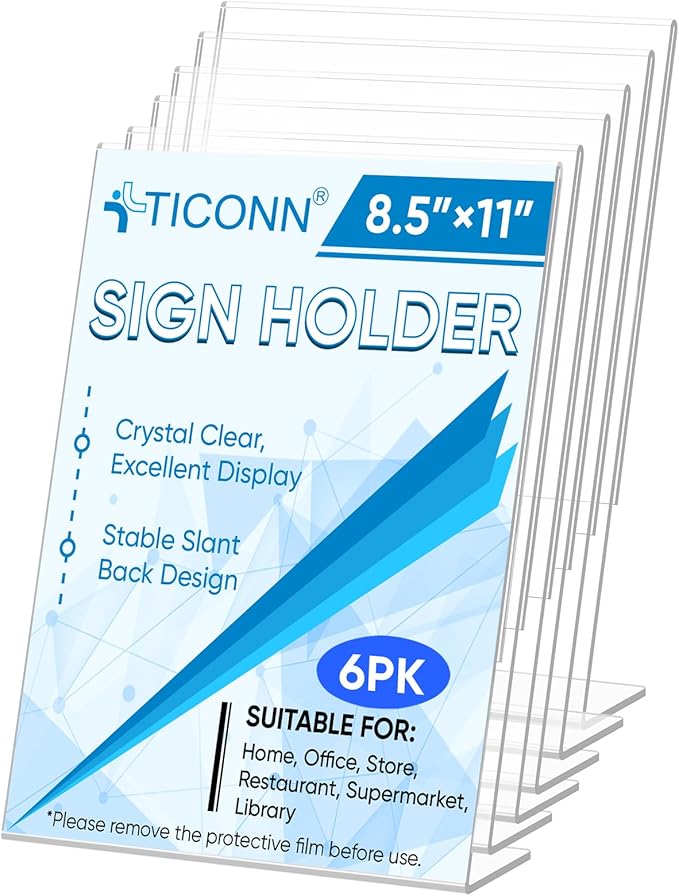 TICONN 8.5 x 11 Acrylic Sign Holder, L Shape Clear Sign Stand for Displaying, Plastic Paper Holder for Office, Store, Restaurant (Vertical 6 Pack)