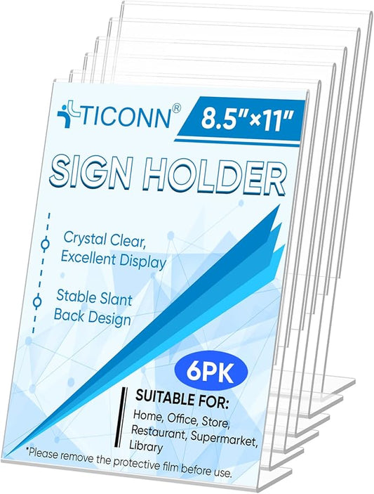 TICONN 8.5 x 11 Acrylic Sign Holder, L Shape Clear Sign Stand for Displaying, Plastic Paper Holder for Office, Store, Restaurant (Vertical 6 Pack)