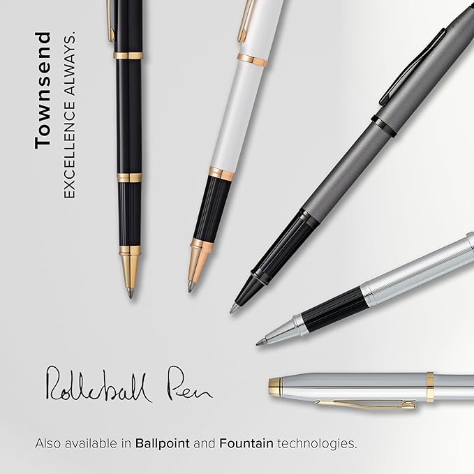 Cross Townsend Refillable Rollerball Pen Presented in a Luxury Gift Box - Medium Point, Black Ink, Black & Gold