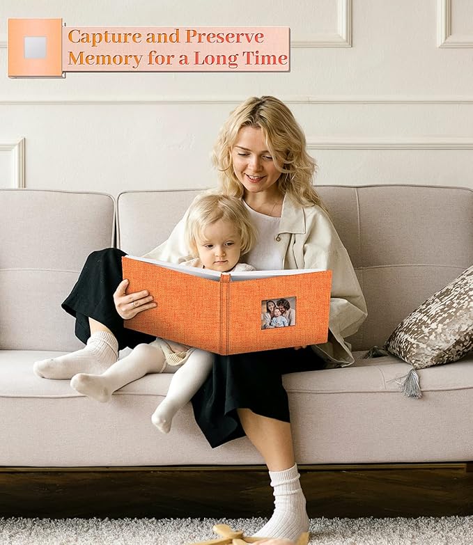 Photo Album Self Adhesive Scrapbook Album for 3x5 4x6 5x7 8x10 Pictures,40 Pages Linen Cover with Display Window DIY Photo Book,Ideal Gifts for Family Travel Wedding Baby