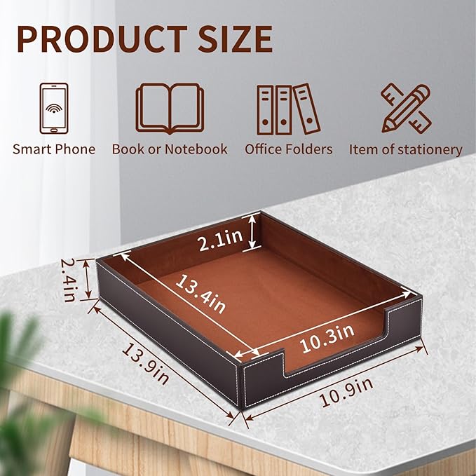 PU Leather 1-Layer Stackable Office File Document Tray Case Rack Paper Letter Tray Desk File Document Organizer Holder (Coffee)