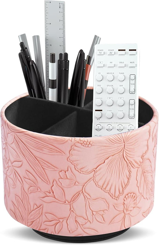 Hennaja Round Leather Art Supply Organizer,Remote Control Holder,360 Degree Spinning,Multi-Functional Pencil Holder,4 Compartments Desktop Stationary Organizer(1-Carved Pink)