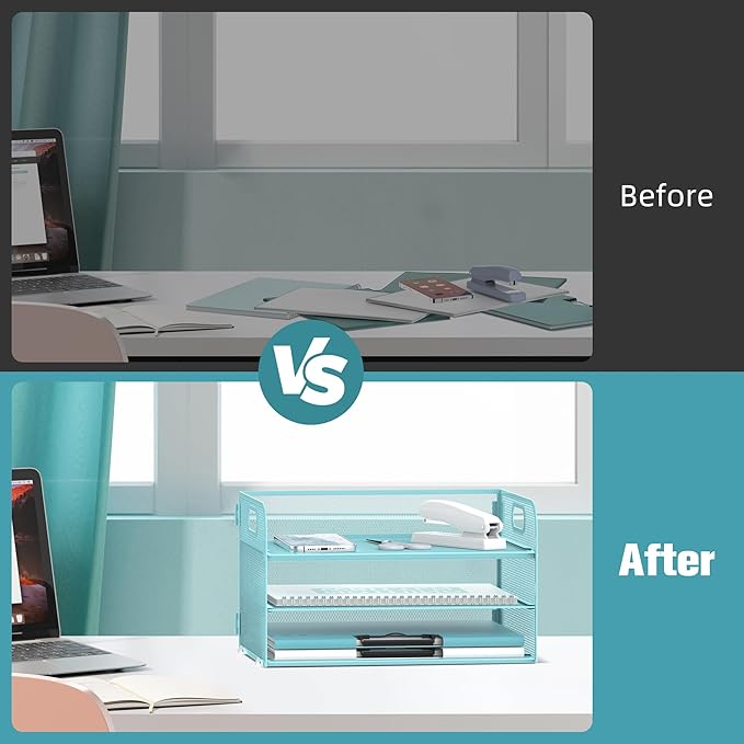 Daltack 3-Tier Paper Organizer with Handle, Mesh Desk Organizer Letter Tray, Blue