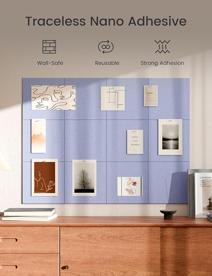 Bumusty Large Cork Board 47"x35" Alternative - 12 Pack Felt Wall Tiles with 70 Safe Removable Adhesive Tabs, 30 Pushpins, Cork Boards for Walls Pin Board Bulletin Board Office Decor (Soft Periwinkle)