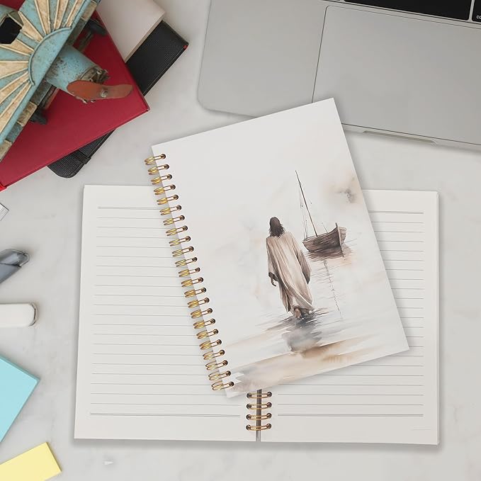 Qabliqo Watercolor Christian Jesus Spiral Notebooks, Jesus Walking on Water Journals for Writing, Prayer Journal, Christian Gifts for Women Men, Religious Notebook for Note Taking, 5.5x8.3 Inch