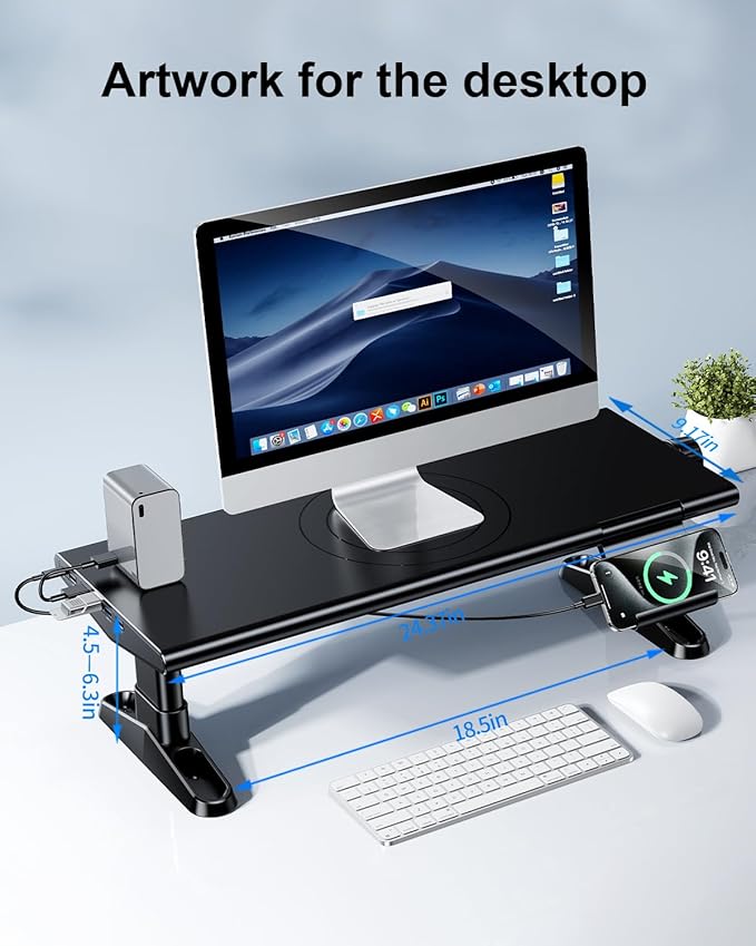 Computer Monitor Stand Riser for Desk with Usb Hub Charging,30W/5Gbps Usb C Docking Station with Power,4.5-6.3''Freely Height Adjustable with Phone Holder,Monitor Stands Riser for PC,Laptop,Printer,TV