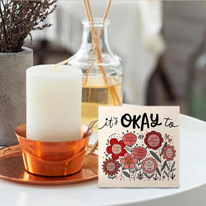 Boho Floral Mental Health Wooden Sign - Therapy Office Must Haves, Self Love Gifts for Women, It's Okay To Inspirational Wood Signs for Therapy Counselor Desk Shelf Tabletop Decor, 5x5 Inches