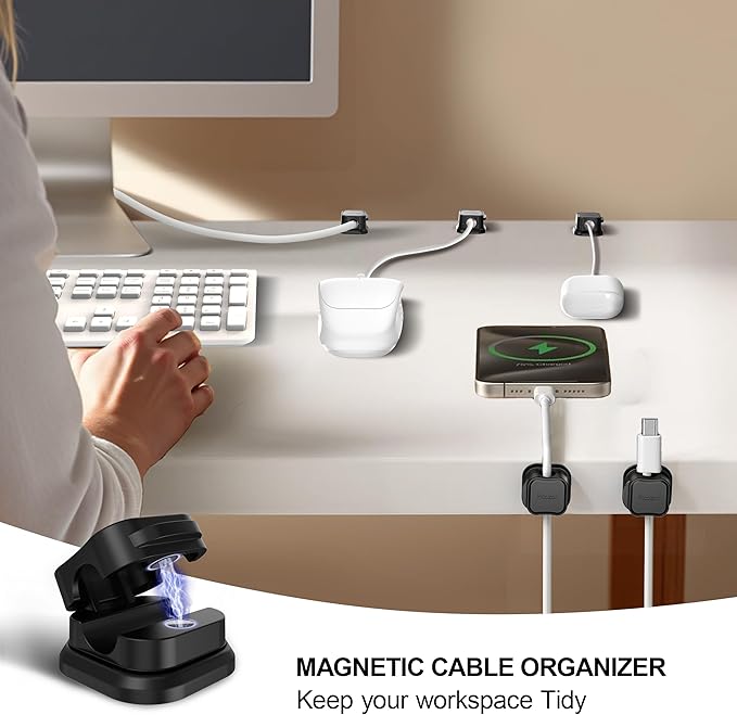 6 Pack Magnetic Cable Clip Organizer Cord Holder, Picozon Adhesive Cable Management, Wire Phone USB Charger Cable Holder Keeper Organizer for Car, Office Home Desktop, Wall, Night Table - Black