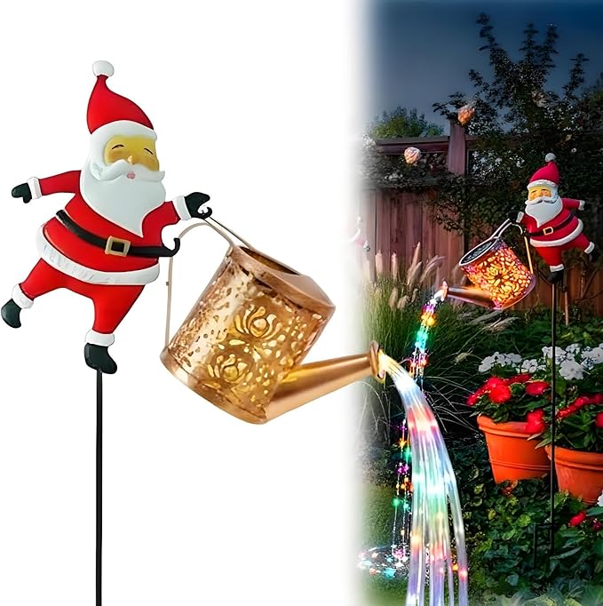 Solar Christmas Lights Outdoor, Waterproof Hanging Metal Watering Can Light Solar Christmas Decorations, Santa Solar Kettle Lights Holiday Displays for Garden Patio Path Yard Lawn (Colorful)