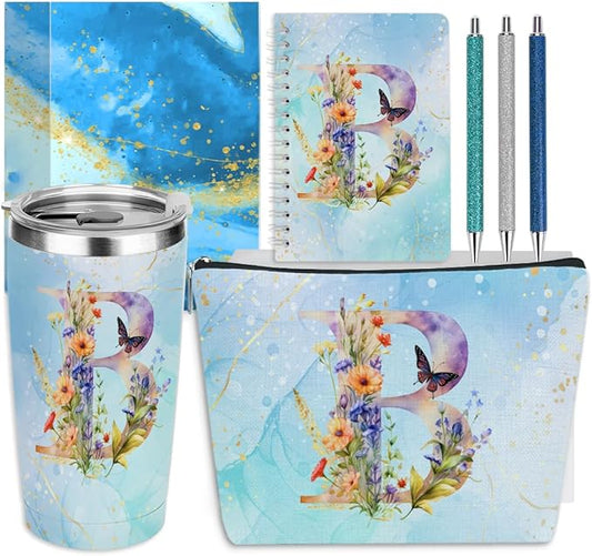Personalized Gifts Monogrammed Birthday Gifts for Women, Cowerker Mom Mothers Day Christmas Initial 20 oz Tumbler, Makeup Bag Cup Ballpoint Pens Journal Notebook 6 Set, (Aesthetic Blue Flower B)