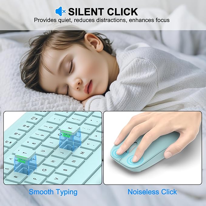 Wireless Keyboard and Mouse Combo, Full Size Silent Ergonomic Keyboard and Mouse, Long Battery Life, Optical Mouse, 2.4G Lag-Free Cordless Mice Keyboard for Computer, Mac, Laptop, PC, Windows(Green)