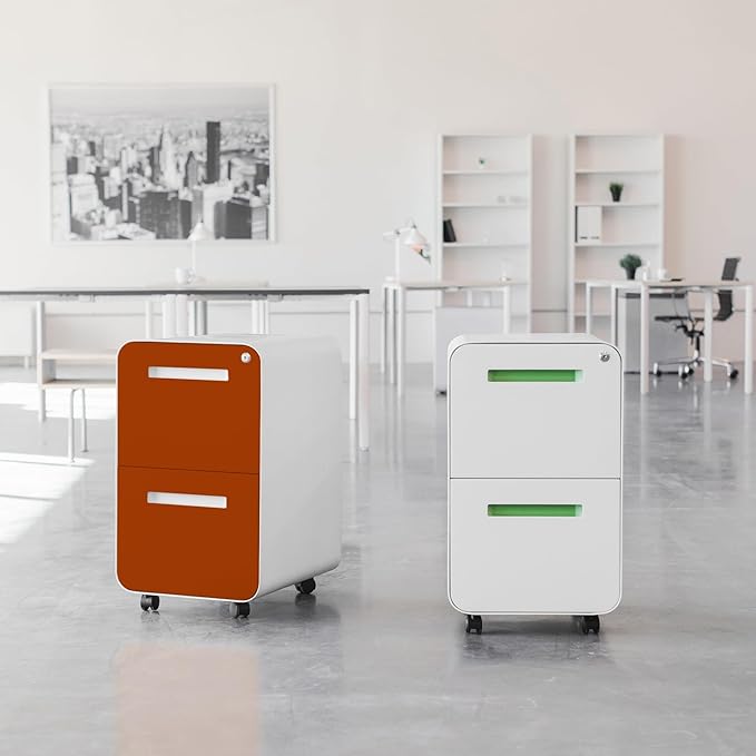 Laura Davidson Furniture Stockpile 2 Drawer Mobile File Cabinet with Lock - Under Desk Metal Filing Cabinet, Legal/Letter File Folders, Wheels and Stationary Feet, Pre-Assembled, White/Orange