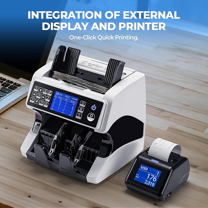 MUNBYN Bank Grade Money Counter Machine Mixed Denomination with External Display+Printer in One, Value Counting, Serial Number, Multi Currency, 2CIS/UV/IR/MG/MT Counterfeit Detection, 2Y Warranty