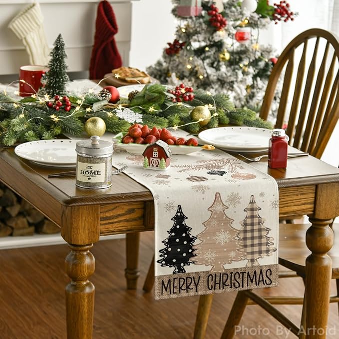 Artoid Mode Brown Pine Trees Snowflake Merry Christmas Table Runner, Winter Xmas Holiday Kitchen Dining Table Decoration for Home Party Decor 13x72 Inch