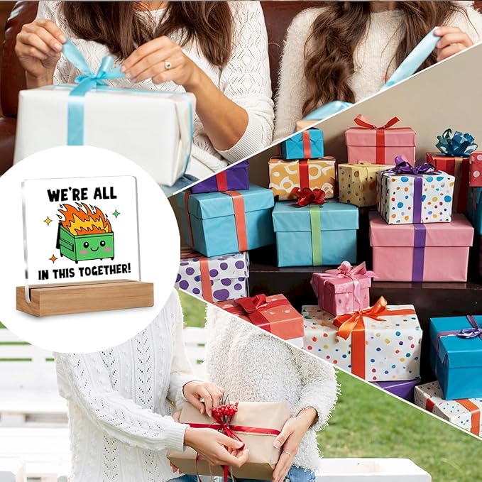 Dumpster Fire Desk Accessories, Funny Office Gifts for Coworkers Friends, Employee Appreciation Gifts, We're All in This Together Desk Dumpster Acrylic Signs Decorative 4 × 4 Inches