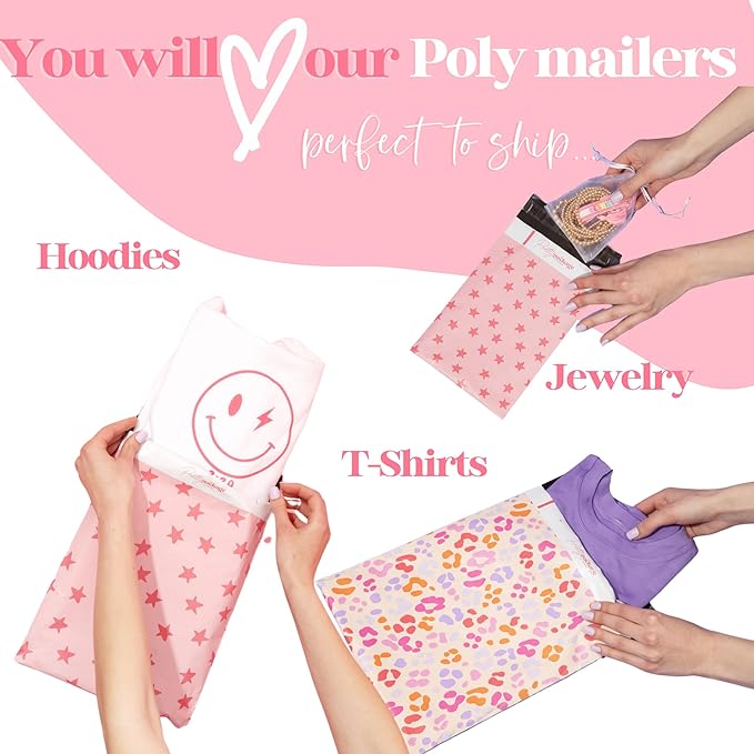 14.5x19 Designer Poly Mailer 100 Pack Heavy Duty Waterproof Self Seal Shipping Bags for Small Business Large Mailing Envelopes Bulk Tear Resistant Packaging Pink Orange Leopard