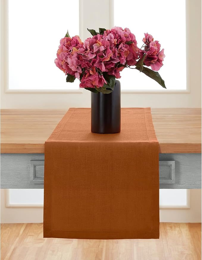 Solino Home Linen Cinnamon Table Runner 48 Inches - 100% Pure Linen Farmhouse Short Table Runner 14 x 48 Inch Ideal for Dresser and Coffee Tables - Fete - Fall, Autumn, Winter, Thanksgiving