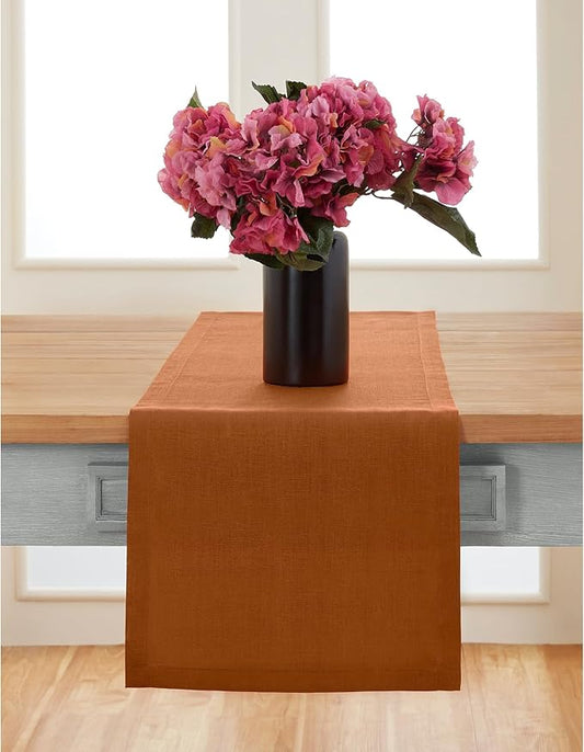 Solino Home Linen Cinnamon Table Runner 48 Inches - 100% Pure Linen Farmhouse Short Table Runner 14 x 48 Inch Ideal for Dresser and Coffee Tables - Fete - Fall, Autumn, Winter, Thanksgiving