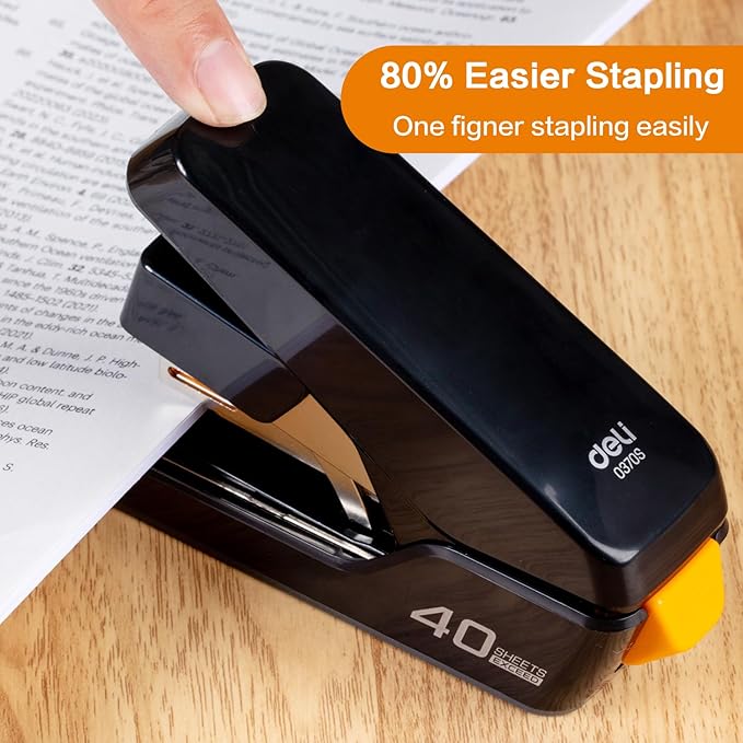 Deli Stapler, Effortless Staplers for Desk, 40 Sheet Capacity Heavy Duty, One Touch, No Effort, Easy to Load,with 2000 Staples & Staple Remover, Good for Office, Home Use, Black