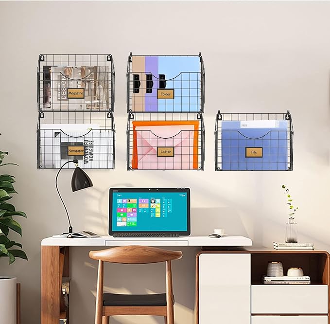 5-Tier Over the Door File Organizer, Stackable Hanging Wall Files Rack with Door Hooks Wall Organizers, SVertical Wall File Storage with Tag for Office Home and Work Easy Organizing - Black