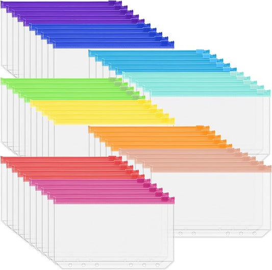 Antner 50PCS A6 Binder Pockets 6-Hole Budget Binder Inserts, 10 Assorted Color Zipper Pouch Folders Cash Stuffing Envelopes for Budgeting, Loose Leaf Filling Bags Money Organizer for A6 6-Ring Binders