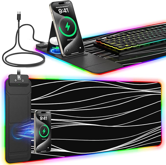 RGB Mouse Pad with Foldable Phone Stand & Wireless Charger, 31.5"x11.8" XL Gaming Mousepad Large Desk Mat, Desk Pad with Dual Charging for Phone & AirPods | 11 Colors & 5 Modes | Waterproof