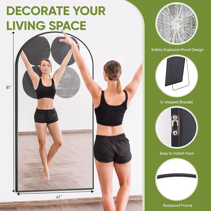 Full-Length Floor Mirror with Stand, 81"x41" Arched Style Full Body Standing Mirror for Bedroom, Living Room, Gym, Dorm - Shatter-Resistant & Easy Assembly, Black