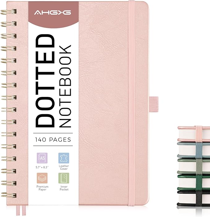 AHGXG Bullet Dotted Journal Spiral Notebook, Hardcover Leather Dotted Notebook 140 Pages, A5 Dot Grid Paper Notebook, 100 gsm Thick Paper, for Bullet Journaling, 5.7" x 8.3", Rose Gold