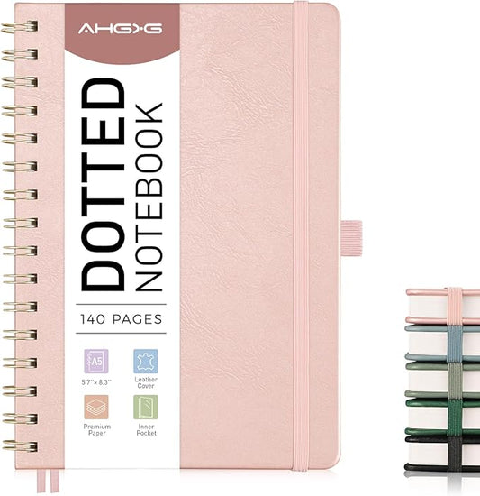 AHGXG Bullet Dotted Journal Spiral Notebook, Hardcover Leather Dotted Notebook 140 Pages, A5 Dot Grid Paper Notebook, 100 gsm Thick Paper, for Bullet Journaling, 5.7" x 8.3", Rose Gold
