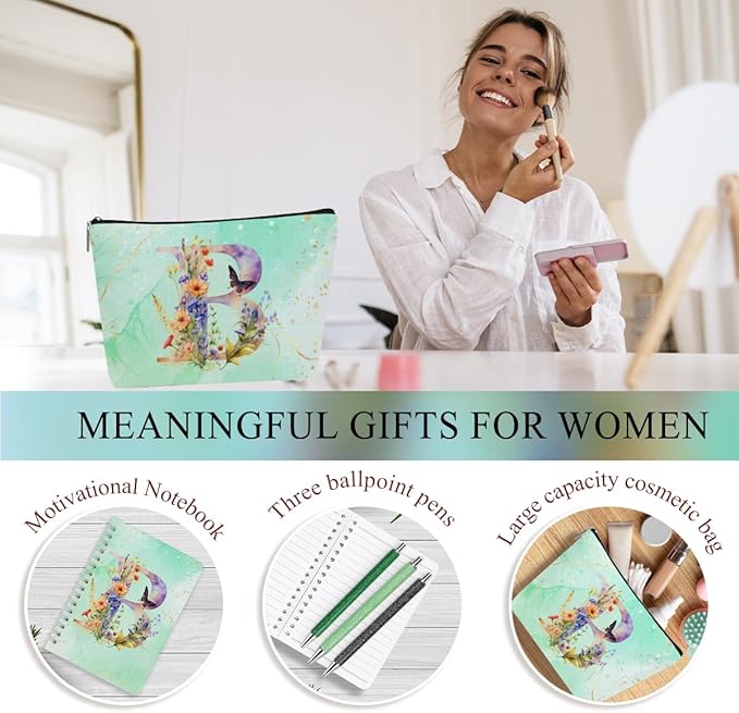 Personalized Gifts Monogrammed Birthday Gifts for Women, Cowerker Mom Mothers Day Christmas Initial 20 oz Tumbler, Makeup Bag Cup Ballpoint Pens Journal Notebook 6 Set, (Aesthetic Green Flower B)