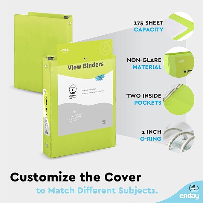3 Ring Binder Green, 1 Inch, 1” Clear View Cover with 2 Inside Pockets Round Ring Binder, Colored School Supplies Binders, Also Available in Pink, Blue, Purple, Grey, and Red (6 PC) – by Enday