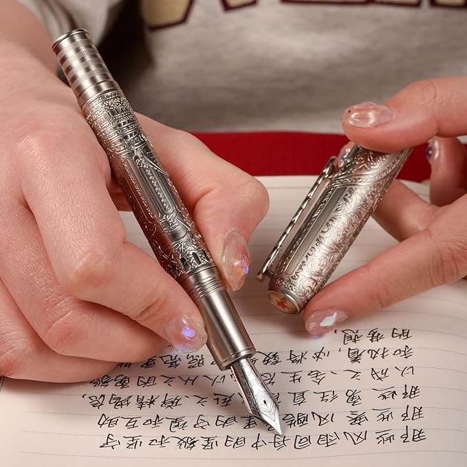 Hongdian 100 Silver Steel Piston Fountain Pen, Iridium Extra Fine Nib Calligraphy, Smooth Writing Pens, Nice Writing Pen for Men & Women