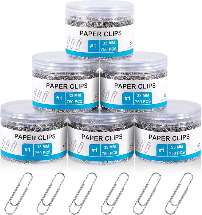 4500 Pcs Paper Clips Bulk Paperclips Medium: 1.3 Inches Paper Clip for Office Supplies Paperwork Students School Home, Paperclip Metal Clips for Paper, 750 Pcs x 6 Boxes, Silver
