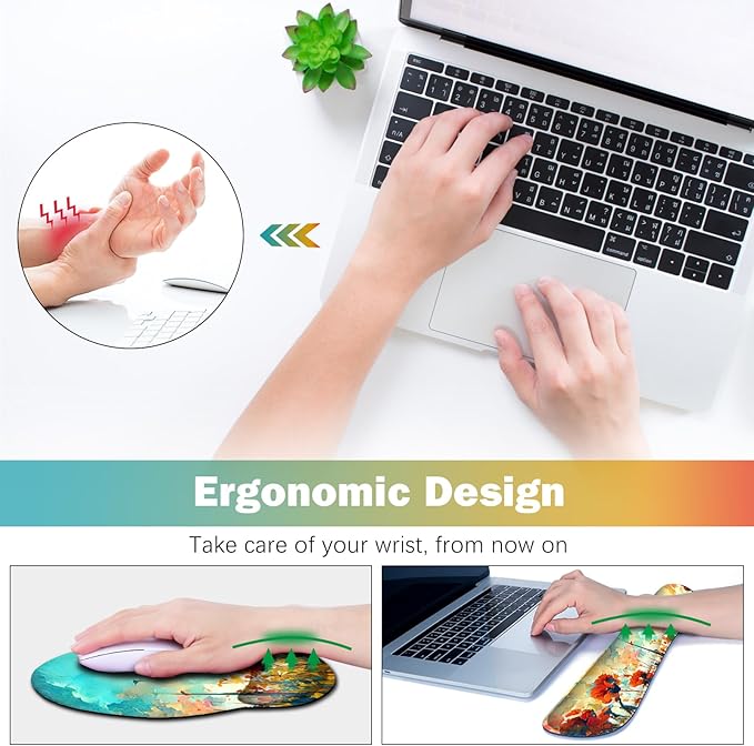 ARTSO Desk Mat, Large Gaming Mouse Pad Wrist Support Set, Ergonomic Keyboard Wrist Rest Desk Pad with Coaster Combo, Extended Mousepad with Non-Slip for Home Office, Oil Painting Flowers Plants