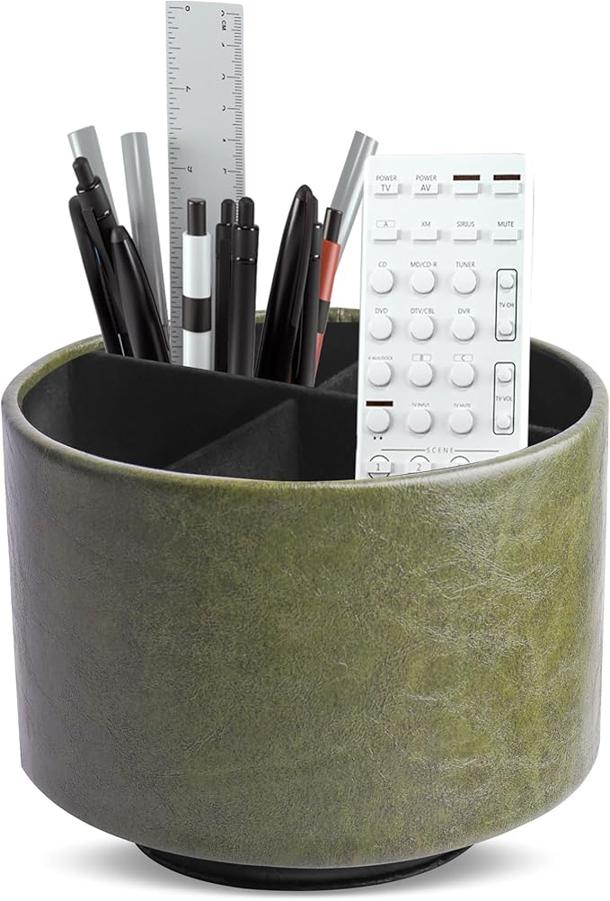Hennaja Round Leather Art Supply Organizer,Remote Control Holder,360 Degree Spinning,Multi-Functional Pencil Holder,4 Compartments Desktop Stationary Organizer(1-Oil Green)