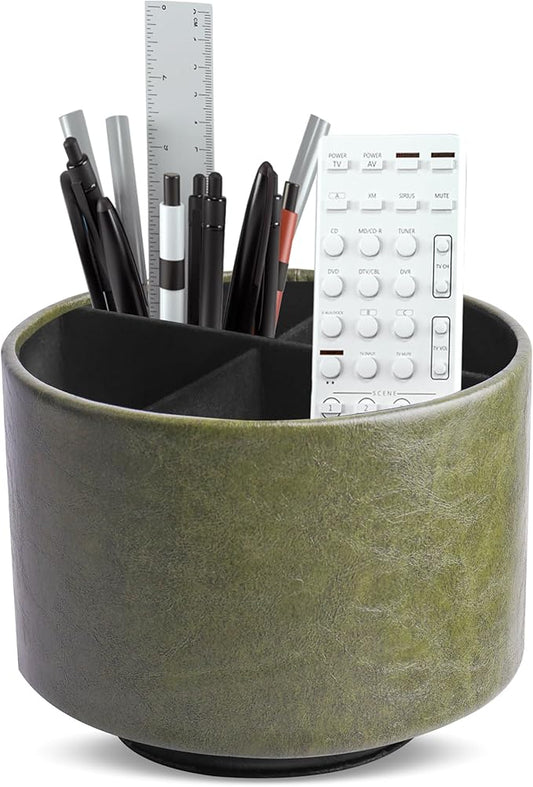 Hennaja Round Leather Art Supply Organizer,Remote Control Holder,360 Degree Spinning,Multi-Functional Pencil Holder,4 Compartments Desktop Stationary Organizer(1-Oil Green)
