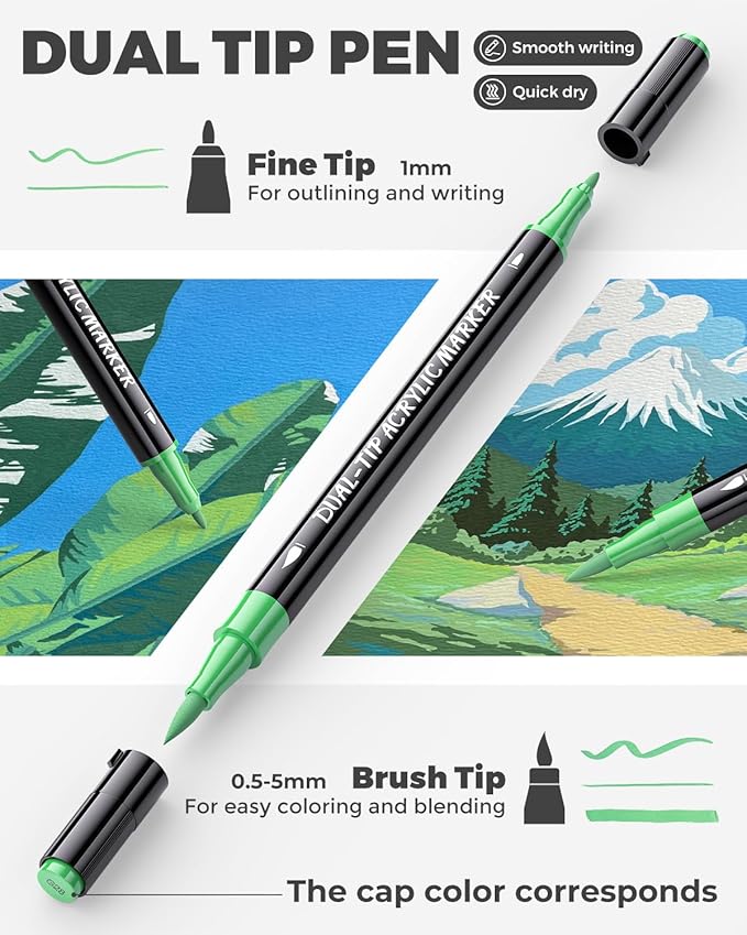 JusArt 36 Colors Acrylic Paint Markers Set With Bag, Dual Tip with Brush Tip and Fine Tip Paint Pens for Rock Painting, Wood, Egg, Canvas, Glass, Stone, Ceramic, DIY Crafts Professional Art Supplies