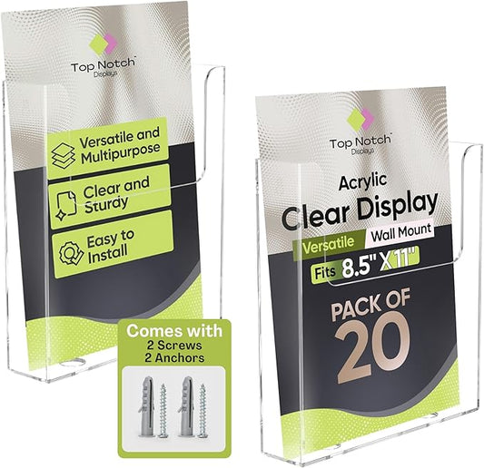 Acrylic Brochure Holder for Wall Mounting, Clear Display for 8.5" x 11" Flyers, Literature Holder for Magazines, Pamphlets, Menus, Includes Screws & Plastic Anchors – Pack of 20