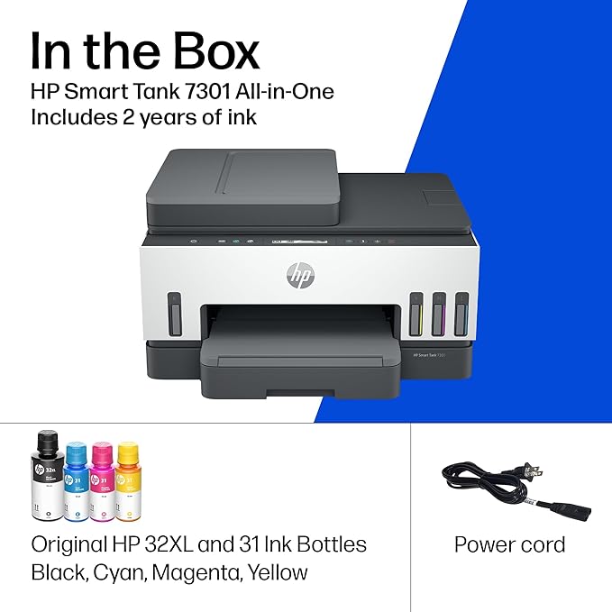 HP Smart Tank 7301 Wireless All-in-One Ink Tank Printer, Scanner, Copier with 2 years of ink included, Best-for-home office, Cartridge-free Refillable, AI-enabled (28B70A)