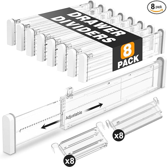 HiYZ Expandable Drawer Dividers with Inserts - 2.36'' High Adjustable Drawer Organizers Separators for Kitchen, Bedroom, Dresser, Office, 8 Long Dividers(12.6-22.8'') with 16 Inserts(3.9-7.1'')-Clear