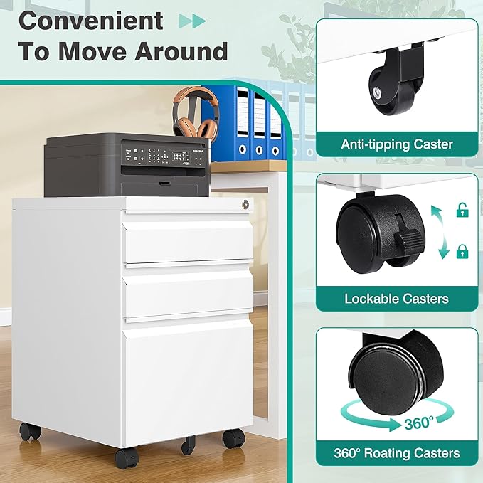 Assembled 3 Drawer File Cabinet with Wheels,Under Desk File Cabinet with Lock,White Rolling Filing Cabinets, Metal Filing Cabinets for Home Office,Fit A4/Letter/Legal,Pre-Assembled Except Caster